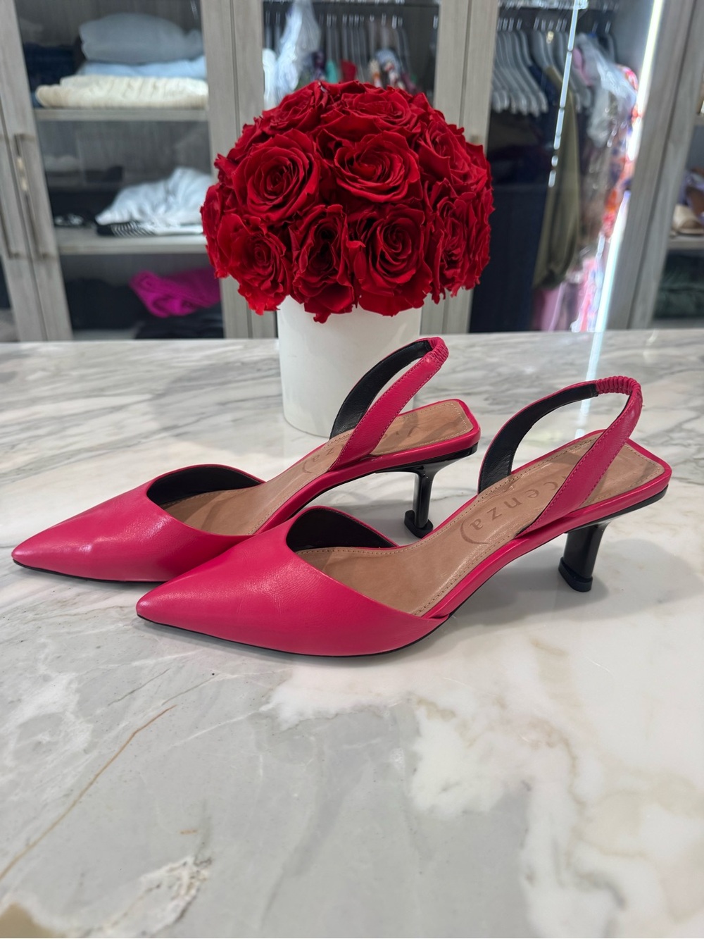 Slingback Pointed-Toe Kitten Heels in Hot Pink